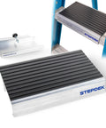 Heavy Duty Aluminum Ladder Platform Attachment For A Frame Steps With Foolproof No Slip Grip, showing flat aluminum step with rubber grip.