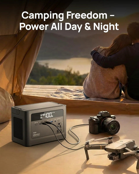 Portable Power Station With 700W Surge, 288Wh LiFePO4 Battery Backup powering camera and drone in a camping setup.