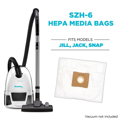 Six Pack Type Z Vacuum Bags With Certified HEPA Media For Jill, Jack And Snap Bagged Canister Models SZH-6 next to vacuum