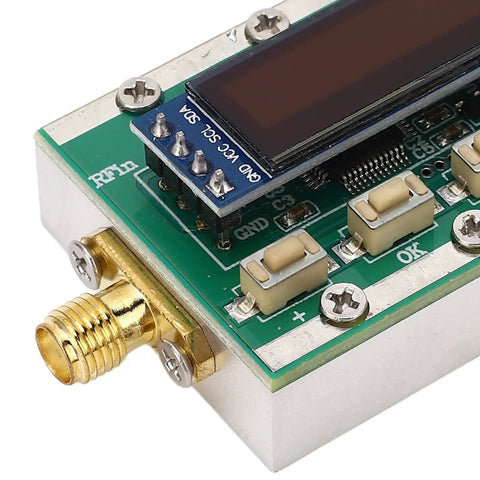 Close-up of Pro Grade Programmable RF Attenuator 0 To 31 dB In 1 dB Steps For 1 MHz To 3.8 GHz With PC Control, CNC aluminum shell.