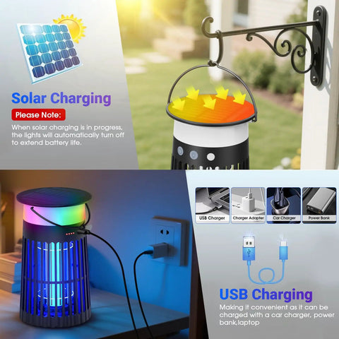 2 Pack Solar Bug Zapper Outdoor Portable Electric Mosquito Killer Waterproof Insect Trap with LED Night Light and Flame Effect, Rechargeable