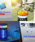 Outdoor Bug Zapper And LED Light Combo Portable Electric Mosquito Killer With Solar Panel Rechargeable Insect Trap shown charging