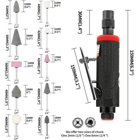 Heavy Duty One Quarter Inch Air Angle Die Grinder Killer Pneumatic Rotary Polisher With Dial In Speed Control size and collet capacity overview