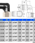 Quarter Inch Tube OD To Quarter Inch NPT Thread Female Elbow Push To Connect Fittings 90 Degree chart with dimensions