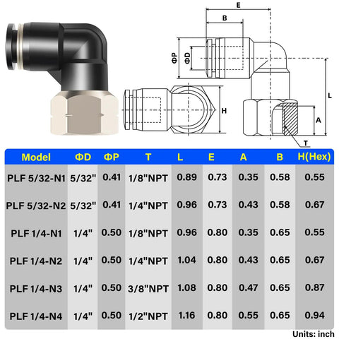 Quarter Inch Tube OD To Quarter Inch NPT Thread Female Elbow Push To Connect Fittings 90 Degree chart with dimensions