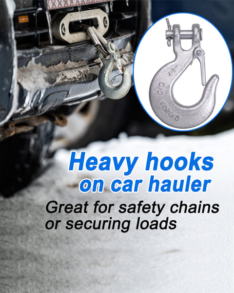 One Quarter Inch Safety Chain Hooks With Clevis Slip Hook And Safety Latch, Grade 70 Forged Steel attached to car hauler