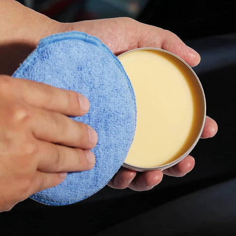 Microfiber Wax Applicator Pads With Finger Pocket For Car Waxing, Polishing, And Detailing, held next to wax tin