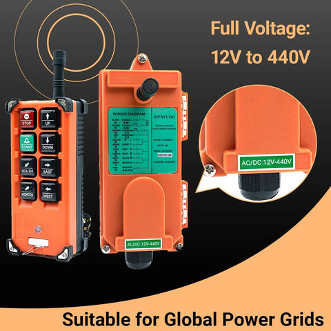 Heavy Duty Full Voltage Industrial Wireless Crane Remote Control Kit For Electric Lift Hoist And Overhead Tower Bridge Systems, 12V To 440V, 315MHz RF, Includes Two Transmitters And One Receiver, Orange, showing control device and voltage diagram