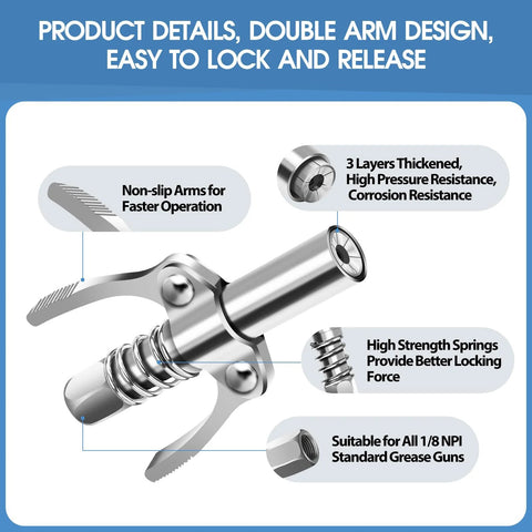 Front view of metal grease gun coupler with dual-arm design, springs, for all 1/8 NPT grease guns