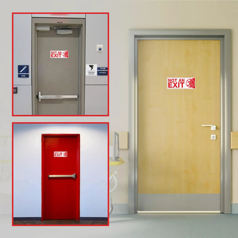 Doors with "Not an Exit" sign sticker pack, 6 pack, 10 by 4 inch self adhesive vinyl decals, UV resistant and waterproof.