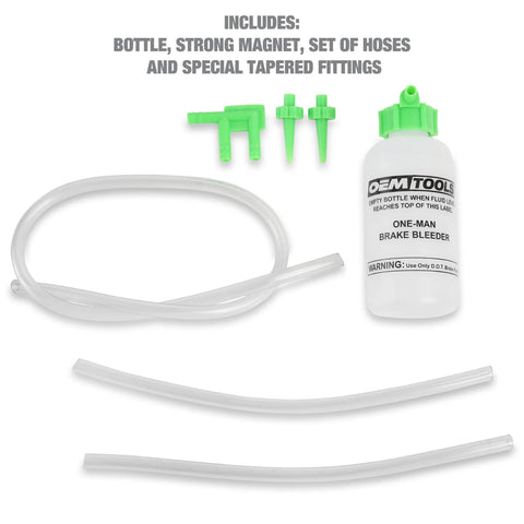OEMTOOLS One-Man Brake Bleeder Kit with opaque bottle, clear hoses, and green fittings