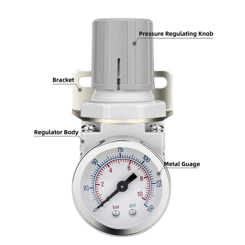 Front view of 1/4 Inch NPT Air Regulator with Gauge, showing locking knob, steel protected gauge, and durable metal bracket.