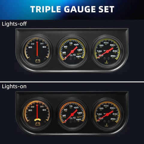 Dope 2 Inch 52mm Triple Gauge Kit For Car Dash Mount, oil pressure, water temperature, ammeter display, lights off and on