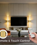 Battery Operated Wall Sconces Set Of 2 In Gold, Wireless Magnetic LED Wall Lights with remote and touch control in living room.
