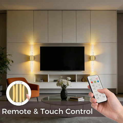 Battery Operated Wall Sconces Set Of 2 In Gold, Wireless Magnetic LED Wall Lights with remote and touch control in living room.