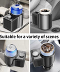 Road Warrior Ready 2 In 1 Car Heating Cooling Cup showing coffee and cooler configurations in a car's center console.