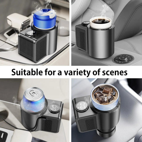 Road Warrior Ready 2 In 1 Car Heating Cooling Cup showing coffee and cooler configurations in a car's center console.