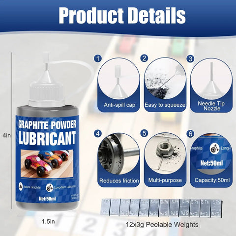 Pinewood Derby Graphite Powder Lubricant Kit With 50ml High Purity 3000 Mesh Dry Graphite For Axles And Wheels including peelable weights.