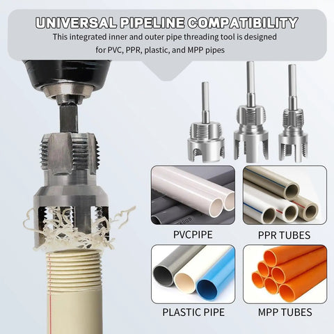Pro 3 Piece Pvc Pipe Threader Kit For 1/2, 3/4 And 1 Inch Pvc Plastic Pipes showing thread cutting on PVC tubing.