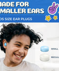 Child wearing blue ear plugs, small and regular sizes displayed, Super Soft Silicone Ear Plugs Pack Of 20 Perfect For Swimming And Sleeping Kids Or Adults With Tiny Ears Super Comfy Waterproof Fit With 32 Db Noise Reduction Sound Blocking Yellow Pillows.