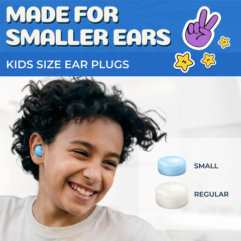 Child wearing blue ear plugs, small and regular sizes displayed, Super Soft Silicone Ear Plugs Pack Of 20 Perfect For Swimming And Sleeping Kids Or Adults With Tiny Ears Super Comfy Waterproof Fit With 32 Db Noise Reduction Sound Blocking Yellow Pillows.