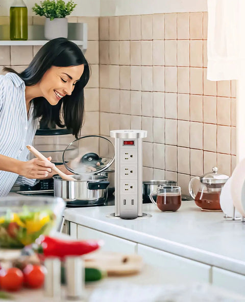 Pop Up Power Outlet With Wireless Charger Automatic Lift 3 Outlets And 2 USB Ports 10W Fast Wireless Pad 4 Inch Recessed Countertop in Kitchen