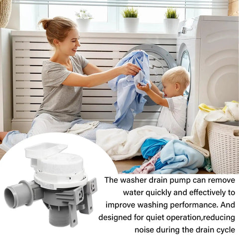 Upgraded AHA75673404 Washer Drain Pump Assembly for LG Washing Machine Replacement, Drop In Fit for WT7800CV WT7100CW WT7060CW WT7300CV WT7800CW WT7900HBA WT7150CW, Beefed Up Durable High Performance Pump, white LG washer drain pump shown with laundry scene