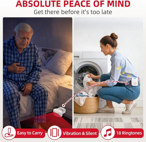 Bed Alarm System For Wandering Seniors And Dementia Patients Portable Pager With Wireless Motion Sensor Silent Vibration Alerts And Fall Prevention Room Monitor For Home Health Care, man on bed and caregiver with pager