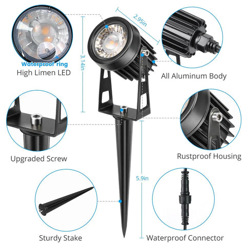 Plug And Play Low Voltage Landscape Lighting Kit With 8 X 3W LED Spotlights, 24V Smart Transformer, 7.6Ft Wiring Runs