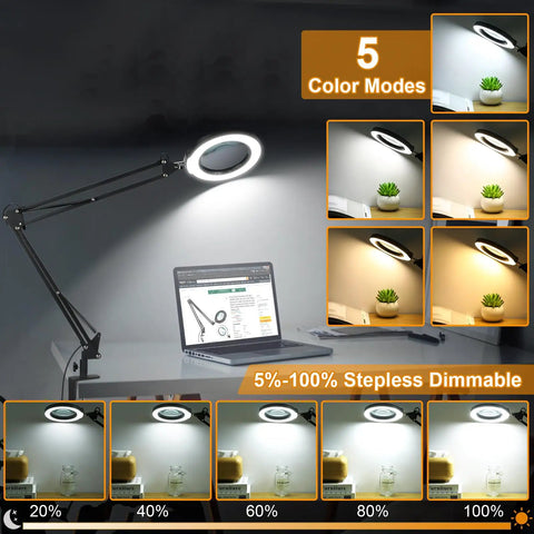 Big 8X Magnifying Glass With Light And Stand Clamp On LED Desk Lamp Arm displaying 5 color modes and dimmable settings on desk
