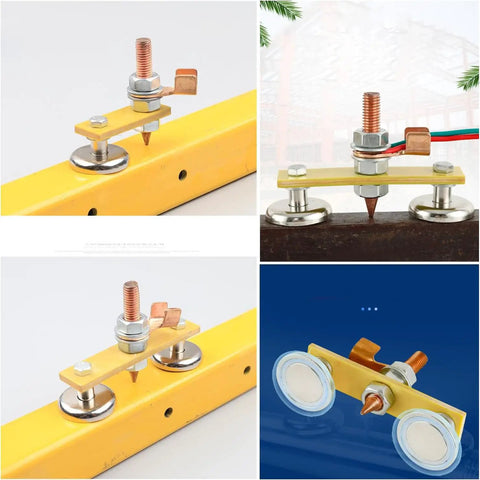 Upgrade Your Setup With This 2Pc Magnetic Welding Ground Clamp Kit Featuring Double Plus Single Magnet Heads For Super Strong Suction And Reliable Stability During Tough Welding Jobs, showing magnetic clamps with copper heads.