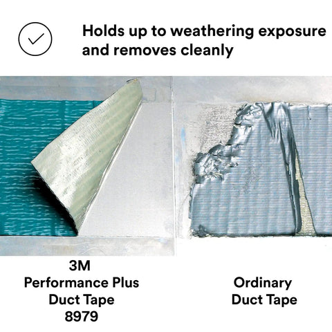 Comparison of 3M Performance Plus and ordinary duct tape shows peeling differences, labeled for weathering exposure.