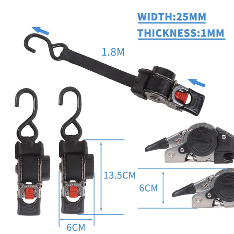 Dimensions and details of One Inch By Six Foot Bolt-On Retractable Ratcheting Tie-Down Straps With Quick Release No-Tangle