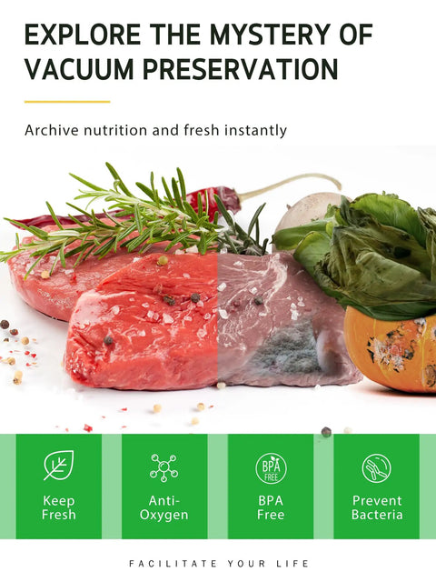 Raw meat vacuum sealed with vegetables, herbs, and spices. Product benefits include freshness, anti-oxygen, BPA-free, and bacteria prevention features.