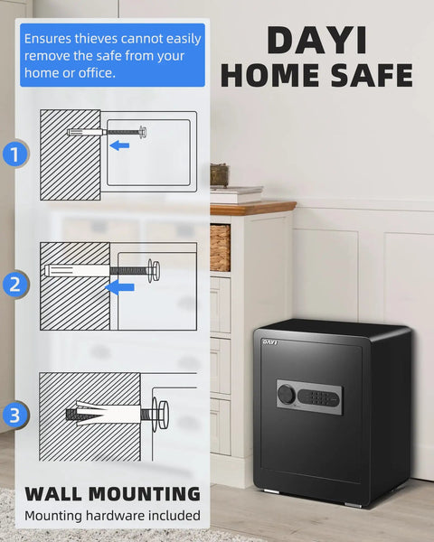 Home Safe Box 2.0 Cu Ft With Fireproof Waterproof Bag Digital Electronic Keypad Dual Alarm System And Removable Shelf next to wall mounting guide