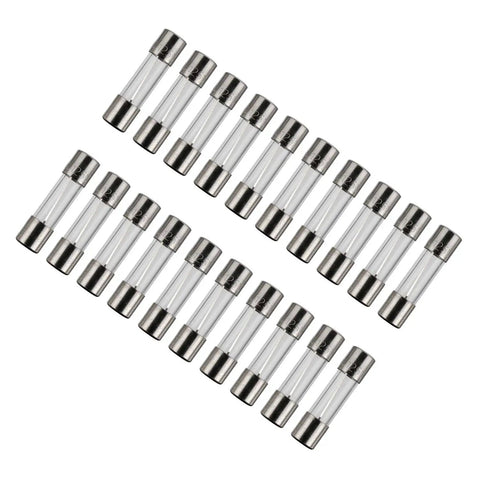 Fast-Blow Glass Fuses 5x20mm 5A 125V Pack Of 20 in rows over white background