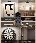 Slick Wireless Picture Light Featuring A Solid 4800mAh Battery And Strong Magnetic Mount With Ir Remote For Smooth Gallery Vibes And Dope Living Room Wall Lighting Upgrades, showing usage in bedroom, display cabinet, dartboard, and vanity mirror.