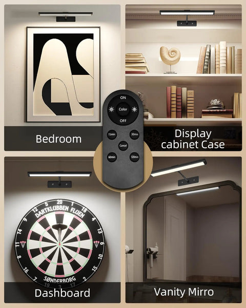 Slick Wireless Picture Light Featuring A Solid 4800mAh Battery And Strong Magnetic Mount With Ir Remote For Smooth Gallery Vibes And Dope Living Room Wall Lighting Upgrades, showing usage in bedroom, display cabinet, dartboard, and vanity mirror.