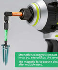GrenPRO magnetic impact bit, close-up in drill chuck; orange 2” bit with green handle driving screws