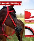 Horse wearing red adjustable bridle set with stainless steel bit, highlighting durable, thickened non-slip design.