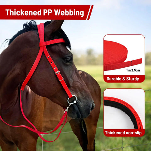 Horse wearing red adjustable bridle set with stainless steel bit, highlighting durable, thickened non-slip design.