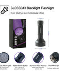 68 LED 395nm UV Blacklight Flashlight packaging and features, heavy duty aluminum, pet urine detector, ultra bright black light