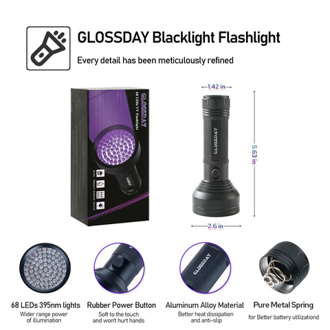 68 LED 395nm UV Blacklight Flashlight packaging and features, heavy duty aluminum, pet urine detector, ultra bright black light