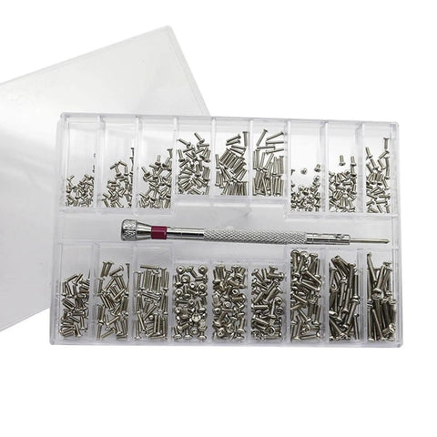 Heavy Duty Stainless Steel Micro Screws Set With Slick Compact Organizer Box showing assorted screws and screwdriver for repair needs.