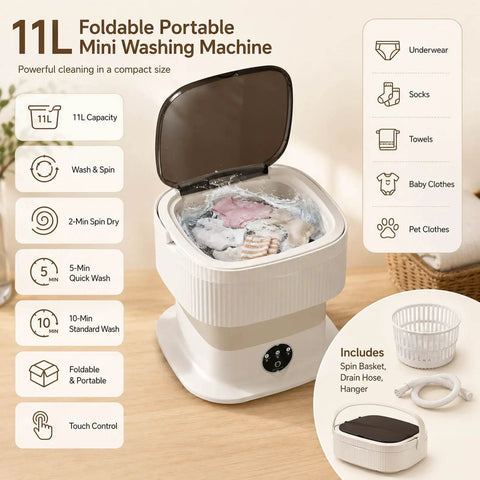 Slick And Dependable Portable Washing Machine With 11L Capacity showing wash cycle with baby clothes and socks inside.