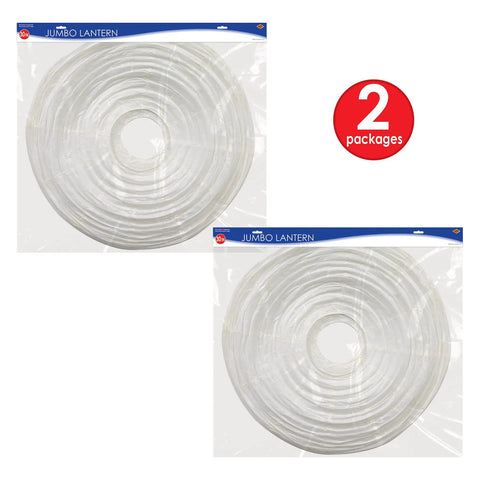 Two Jumbo White Paper Lanterns, 30 Inch Diameter, Assembly Required, Durable White Paper With Metal Supports Inside, displayed in packaging
