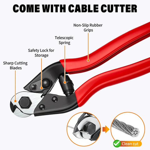 Straight Up Heavy Duty 1/8 Inch Stainless Steel Cable Kit includes cable cutter with sharp blades and rubber grips.