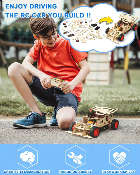 Child playing with STEM Kits For Kids 8 To 12 Remote Control Car Build Kit With Wooden 3D Puzzles in a park setting.