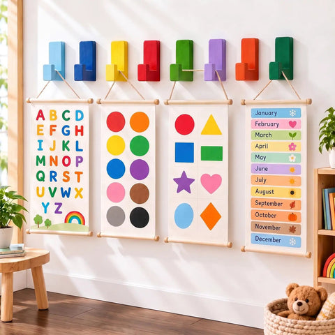 Fresh Rainbow Wooden L Shaped Wall Hooks Eight Pack With Adhesive Pads And Screws Vibrant Multicolor Storage Rack For Kitchen Or Entryway Pretty Sweet Finish Totally Rad Quality displayed with colorful educational charts.