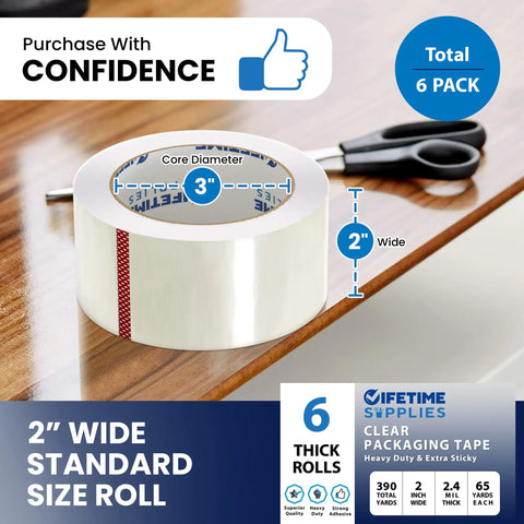 Upgraded Clear Packing Tape With Extra Sticky 2.2 Mil Thick Adhesive, 65 Yards, Heavy Duty Packaging Tape on table with tape gun